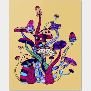 Colorful Bohemian Retro Mushrooms Hippy Design Posters and Art